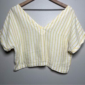 Plush Women Linen Cotton Crop Top XS Yellow White Stripe Nautical Resort Beach